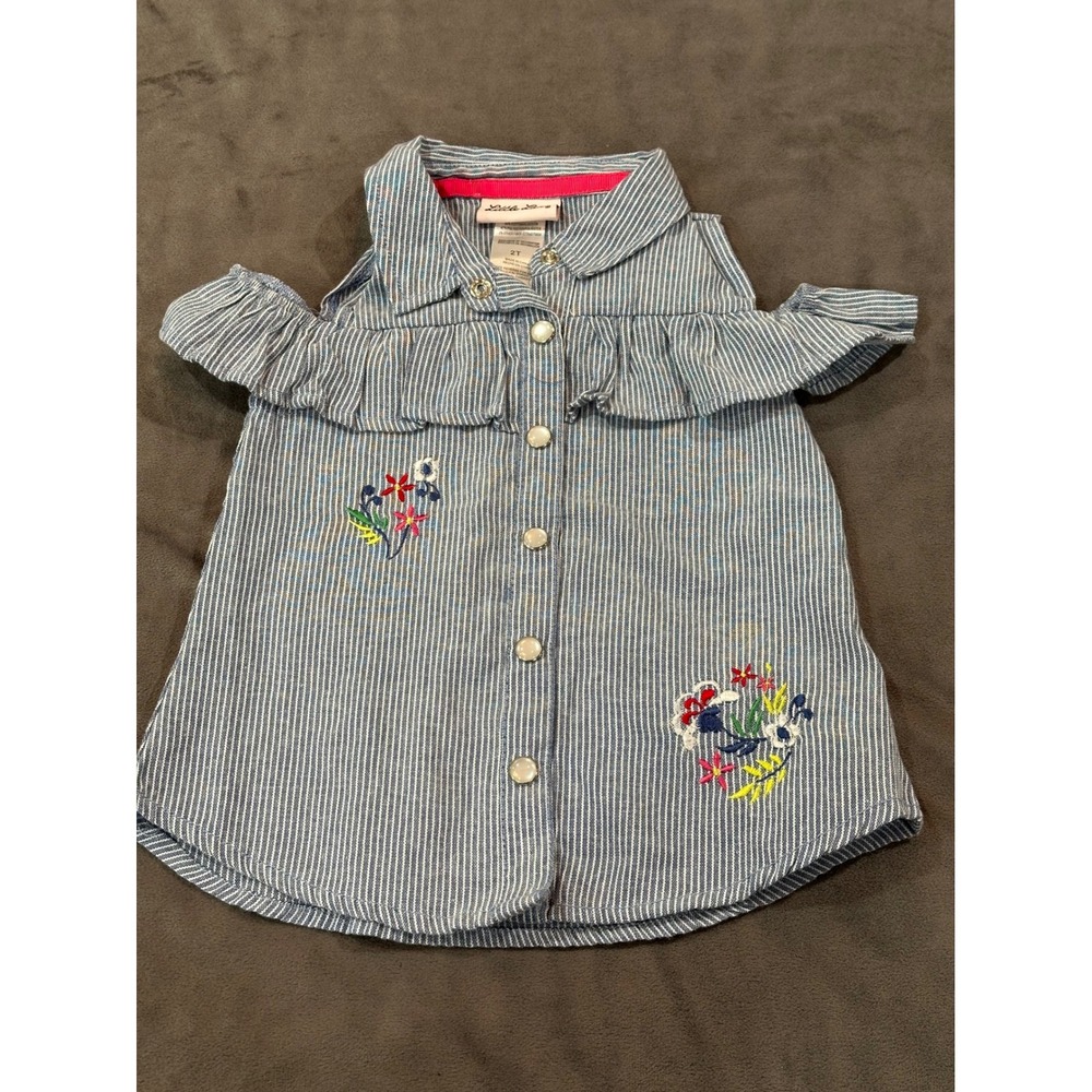 Little Lass Toddler Girls Blue White Striped Floral Cold Shoulder Ruffle Top 2T